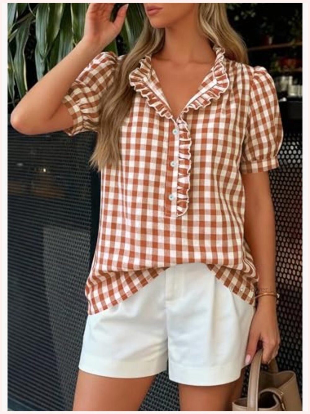 Ruffle V Neck Button Down Puff Sleeve Blouse for Women Summer Work - Picture 4 of 7